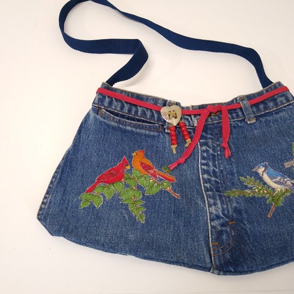 Shoulder Bag Handmade Denim Sheplers Jeans Boho Hippie Cardinals and Blue Jays - Picture 8 of 12
